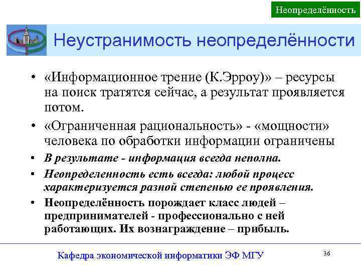 Неопределённость Неустранимость неопределённости • «Информационное трение (К. Эрроу)» – ресурсы на поиск тратятся сейчас,
