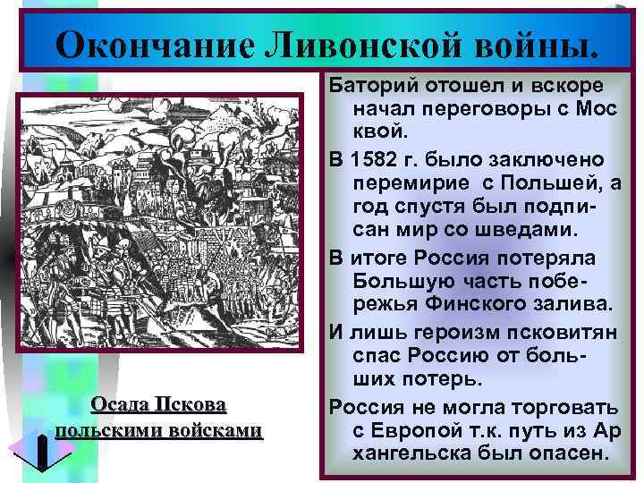 Меню Окончание Ливонской войны. Осада Пскова польскими войсками Баторий отошел и вскоре начал переговоры