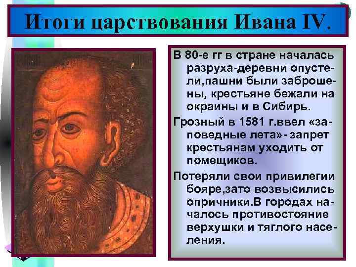 Меню Итоги царствования Ивана IV. В 80 -е гг в стране началась разруха-деревни опустели,