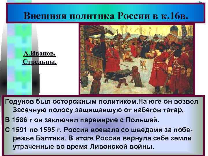 Меню Внешняя политика России в к. 16 в. А. Иванов. Стрельцы. Годунов был осторожным