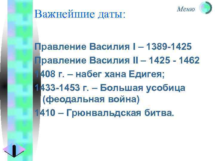 Важнейшие даты: Меню Правление Василия I – 1389 -1425 Правление Василия II – 1425