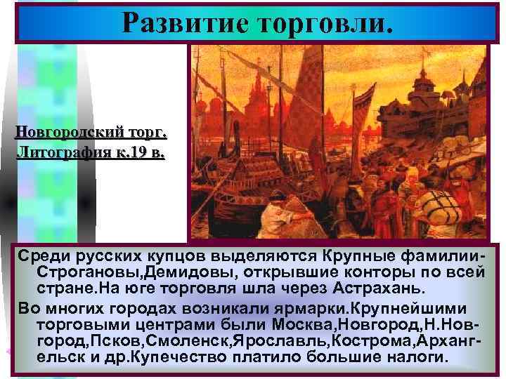 Развитие торговли. Меню Новгородский торг. Литография к. 19 в. Среди русских купцов выделяются Крупные