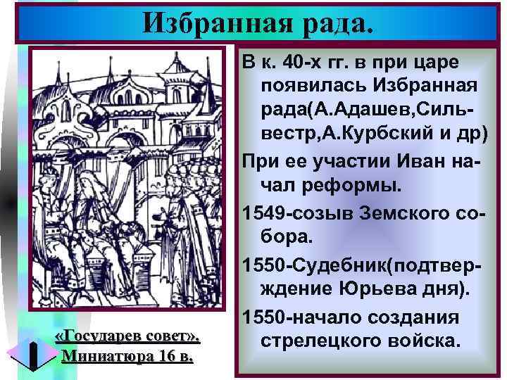 Избранная рада. «Государев совет» . Миниатюра 16 в. Меню В к. 40 -х гг.