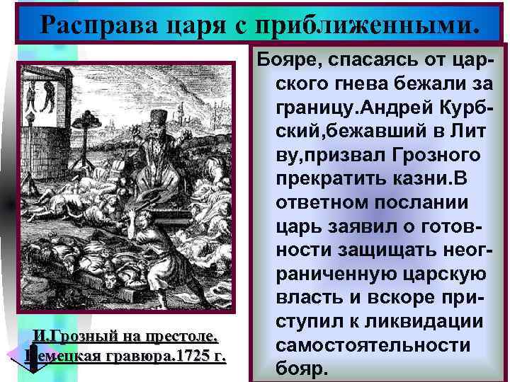 Меню Расправа царя с приближенными. И. Грозный на престоле. Немецкая гравюра. 1725 г. Бояре,