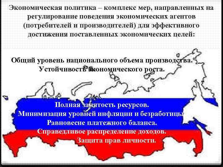 Экономическая политика – комплекс мер, направленных на регулирование поведения экономических агентов (потребителей и производителей)