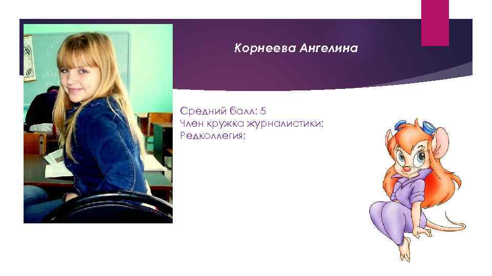 Корнеева Ангелина Средний балл: 5 Член кружка журналистики; Редколлегия; 