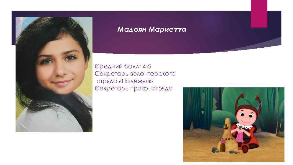 Мадоян Мариетта Средний балл: 4, 5 Секретарь волонтерского отряда «Надежда» Секретарь проф. отряда 