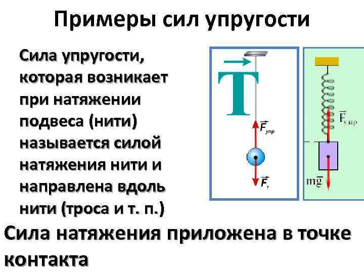 Примеры сил упругости Сила упругости, которая возникает при натяжении подвеса (нити) называется силой натяжения