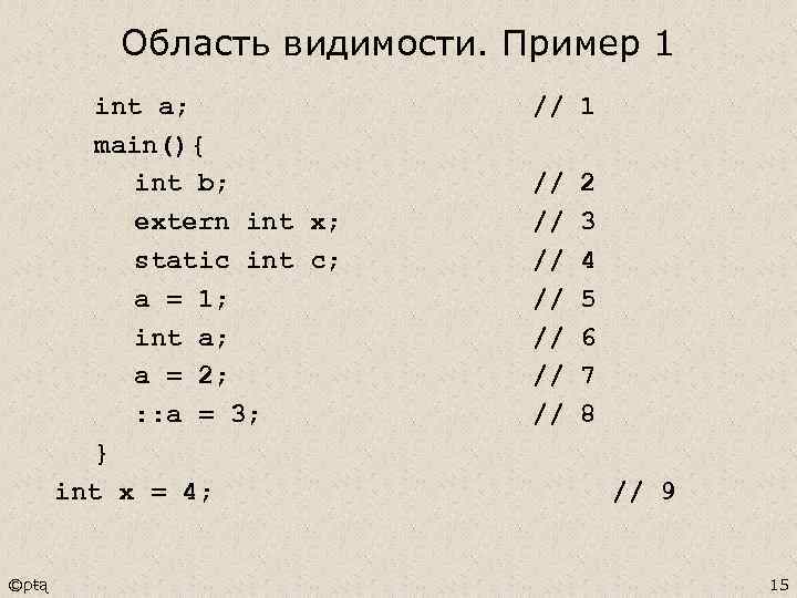 Область видимости. Пример 1 int a; main(){ int b; extern int x; static int
