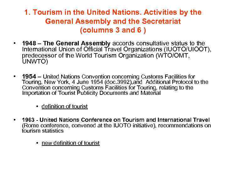 1. Tourism in the United Nations. Activities by the General Assembly and the Secretariat