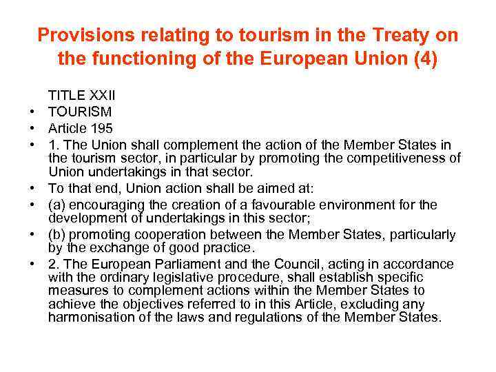 Provisions relating to tourism in the Treaty on the functioning of the European Union