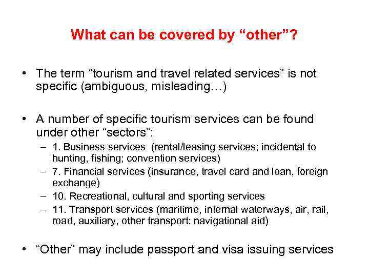 What can be covered by “other”? • The term “tourism and travel related services”