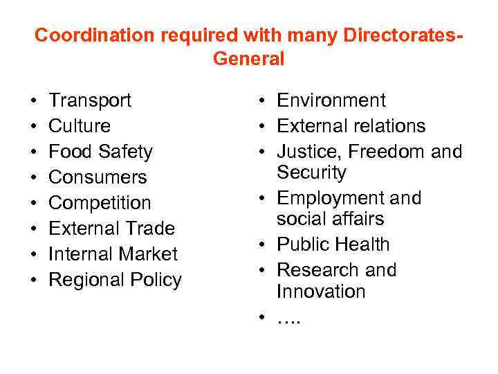 Coordination required with many Directorates. General • • Transport Culture Food Safety Consumers Competition