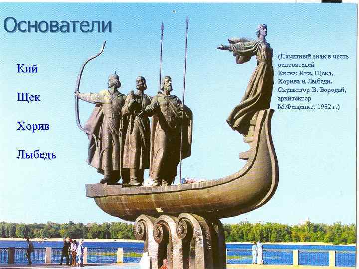 Основатели Кий Щек Хорив Лыбедь (Памятный знак в честь основателей Киева: Кия, Щека, Хорива