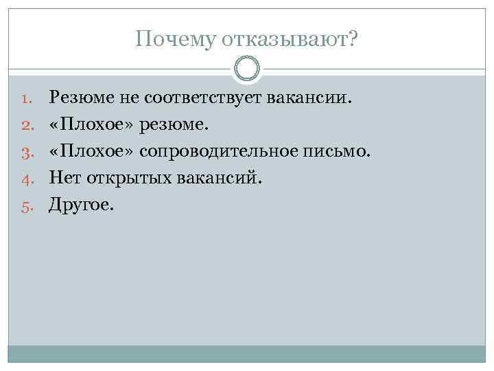 Почему отказывают? 1. 2. 3. 4. 5. Резюме не соответствует вакансии. «Плохое» резюме. «Плохое»