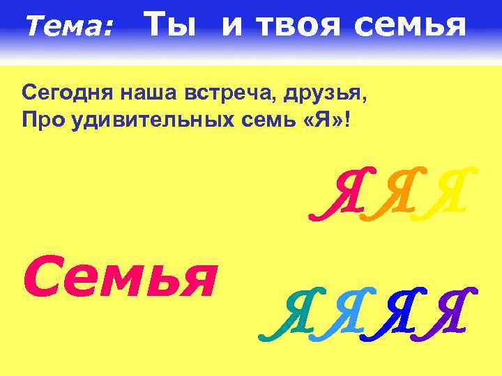 Тема: Ты и твоя семья Сегодня наша встреча, друзья, Про удивительных семь «Я» !