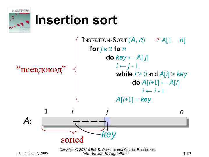 Insertion sort INSERTION-SORT (A, n) ⊳ A[1. . n] for j ĸ 2 to