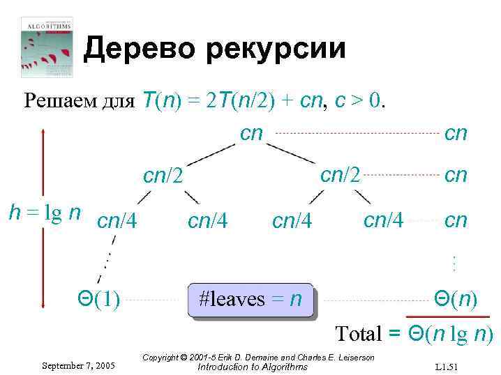 Дерево рекурсии Решаем для T(n) = 2 T(n/2) + cn, c > 0. cn