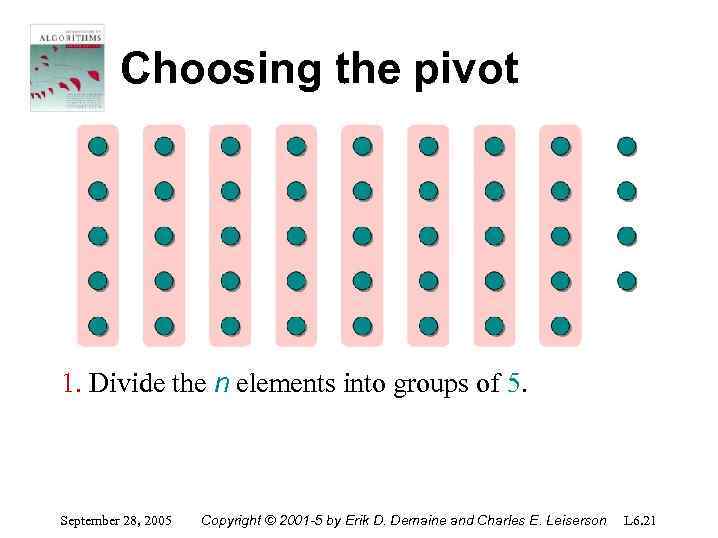 Choosing the pivot 1. Divide the n elements into groups of 5. September 28,