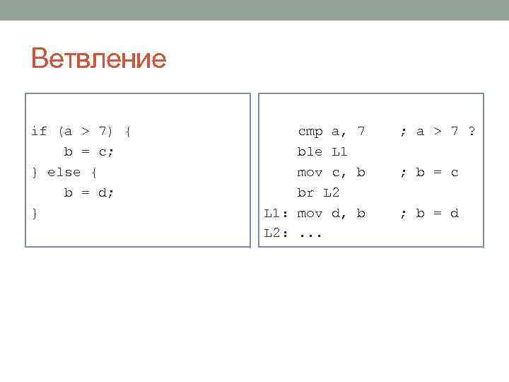 Ветвление if (a > 7) { b = c; } else { b =