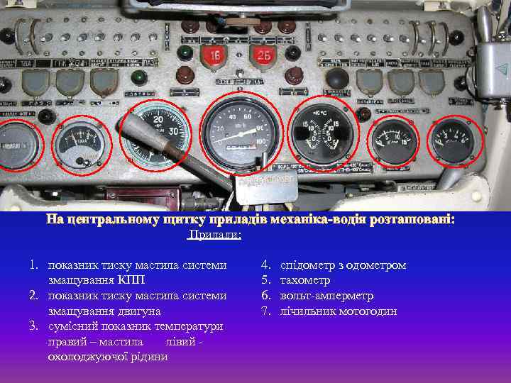 На центральному щитку приладів механіка-водія розташовані: Прилади: 1. показник тиску мастила системи змащування КПП