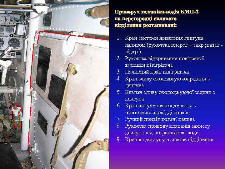 Праворуч механіка-водія БМП-2 на перегородці силового відділення розташовані: 1. Кран системи живлення двигуна паливом