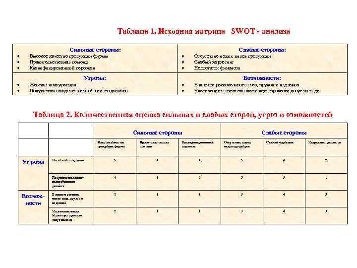 Таблица 1. Исходная матрица SWOT - анализа Сильные стороны: Высокое качество продукции фирмы Правительственная