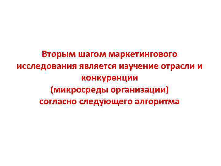 Вторым шагом маркетингового исследования является изучение отрасли и конкуренции (микросреды организации) согласно следующего алгоритма