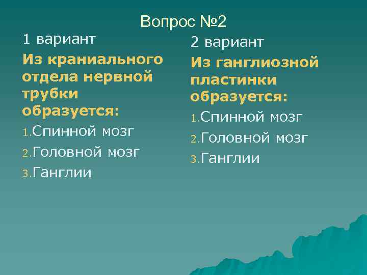 Вопрос № 2 1 вариант Из краниального отдела нервной трубки образуется: 1. Спинной мозг