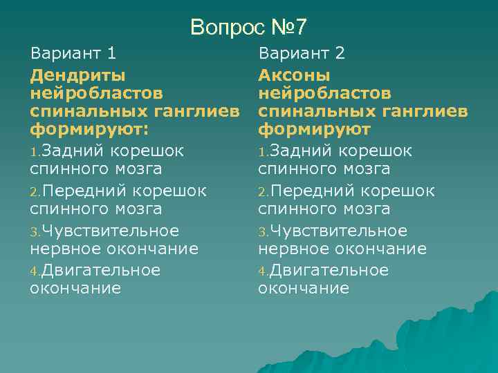 Вопрос № 7 Вариант 1 Дендриты нейробластов спинальных ганглиев формируют: 1. Задний корешок спинного