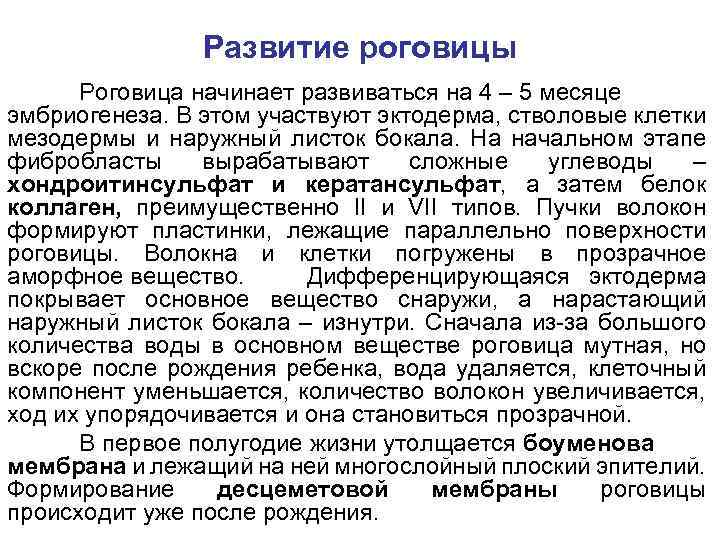 Развитие роговицы Роговица начинает развиваться на 4 – 5 месяце эмбриогенеза. В этом участвуют