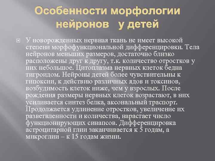 Особенности морфологии нейронов у детей У новорожденных нервная ткань не имеет высокой степени морфофункциональной