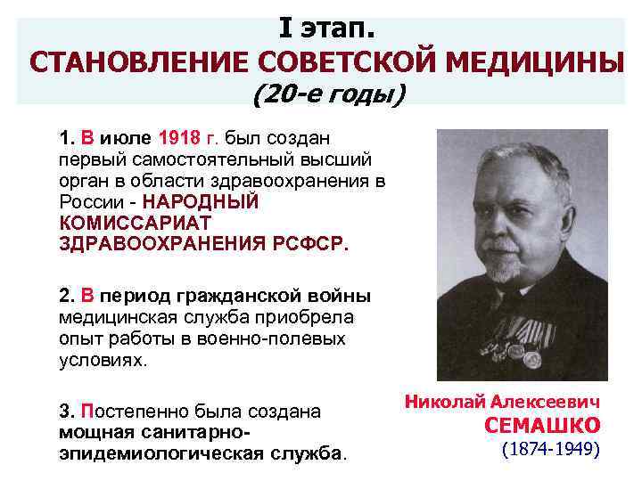I этап. СТАНОВЛЕНИЕ СОВЕТСКОЙ МЕДИЦИНЫ (20 -е годы) 1. В июле 1918 г. был