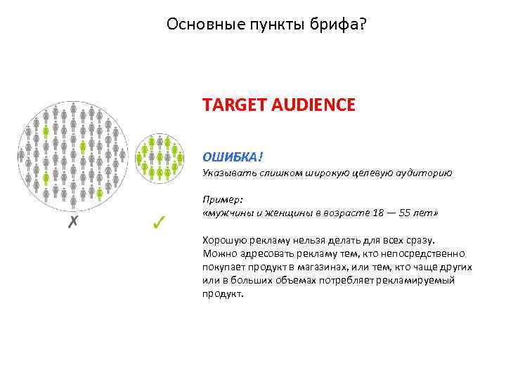 Основные пункты брифа? TARGET AUDIENCE ОШИБКА! Указывать слишком широкую целевую аудиторию Пример: «мужчины и