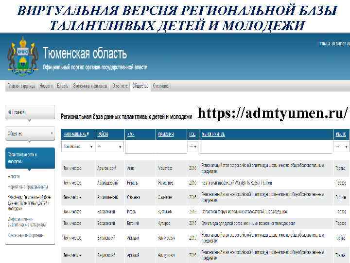 ВИРТУАЛЬНАЯ ВЕРСИЯ РЕГИОНАЛЬНОЙ БАЗЫ ТАЛАНТЛИВЫХ ДЕТЕЙ И МОЛОДЕЖИ https: //admtyumen. ru/ 