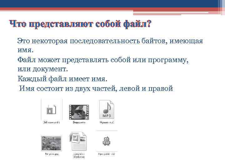 Что представляют собой файл? Это некоторая последовательность байтов, имеющая имя. Файл может представлять собой