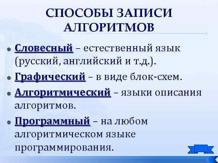 СПОСОБЫ ЗАПИСИ АЛГОРИТМОВ Словесный – естественный язык (русский, английский и т. д. ). Графический