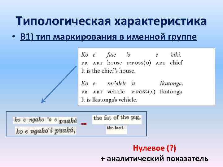 Типологическая характеристика • В 1) тип маркирования в именной группе == Нулевое (? )