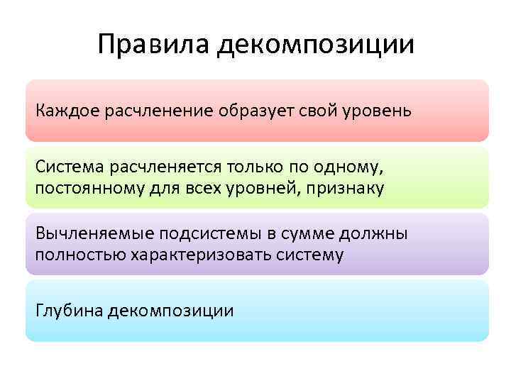 Правила декомпозиции Каждое расчленение образует свой уровень Система расчленяется только по одному, постоянному для
