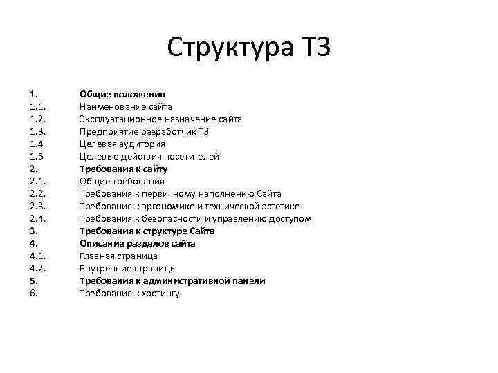 Структура ТЗ 1. 1. 2. 1. 3. 1. 4 1. 5 2. 2. 1.