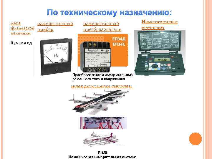 По техническому назначению: мера измерительный физической прибор величины измерительный преобразователь Л , м, кг