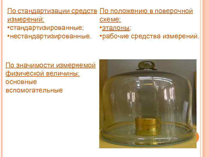 По стандартизации средств По положению в поверочной измерений: схеме: • стандартизированные; • эталоны; •