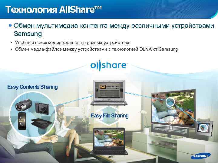 Технология All. Share™ Обмен мультимедиа-контента между различными устройствами Samsung • Удобный поиск медиа-файлов на