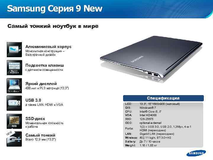 Samsung Серия 9 New Самый тонкий ноутбук в мире Алюминиевый корпус Монолитная конструкция –