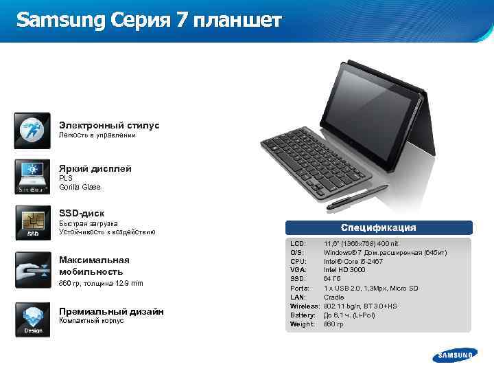 Samsung Серия 7 планшет Электронный стилус Легкость в управлении Яркий дисплей PLS Gorilla Glass