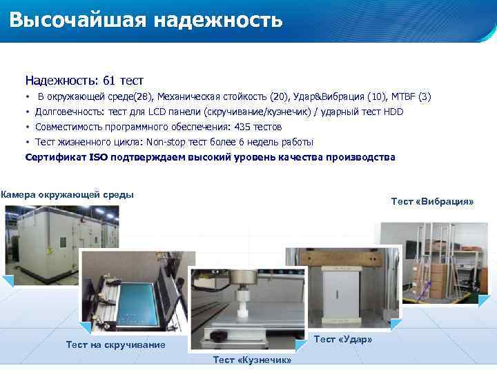 Высочайшая надежность Надежность: 61 тест • В окружающей среде(28), Механическая стойкость (20), Удар&Вибрация (10),