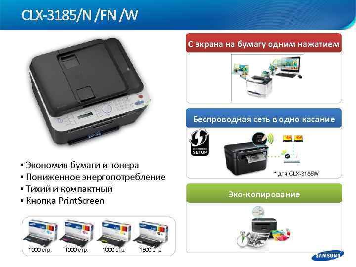 CLX-3185/N /FN /W С экрана на бумагу одним нажатием Беспроводная сеть в одно касание