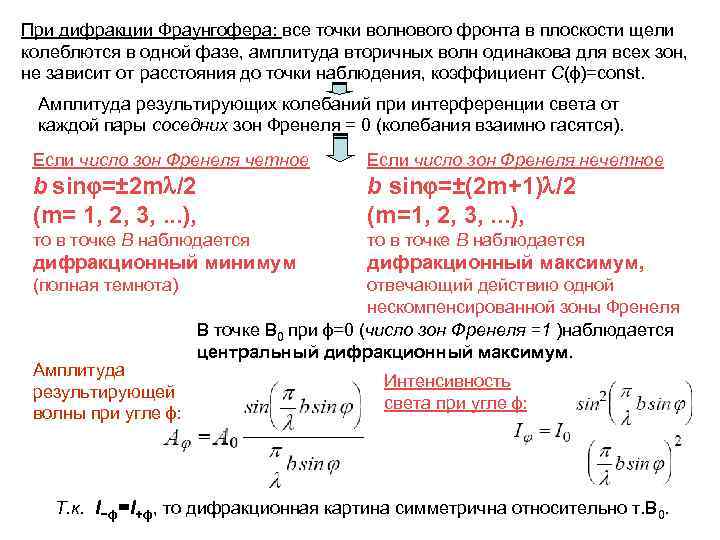 При дифракции Фраунгофера: все точки волнового фронта в плоскости щели колеблются в одной фазе,