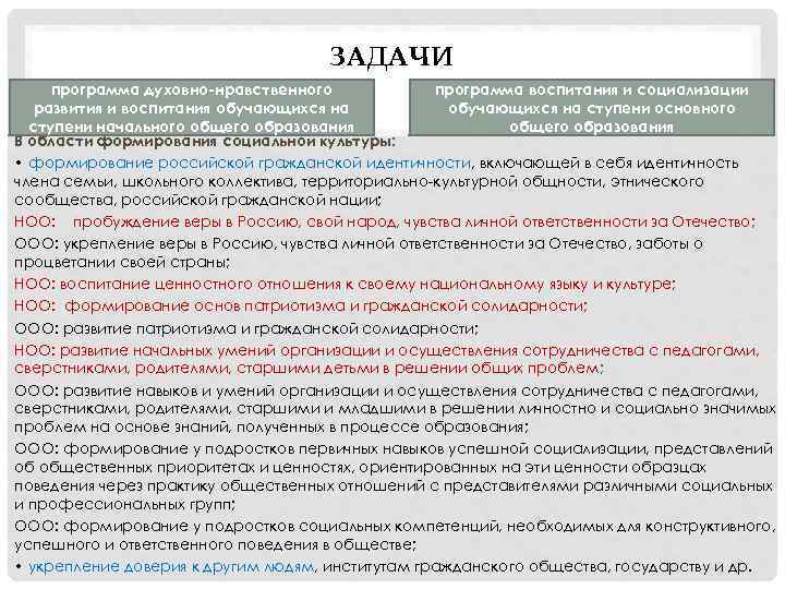 ЗАДАЧИ программа духовно-нравственного программа воспитания и социализации развития и воспитания обучающихся на ступени основного