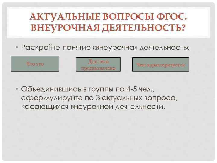 АКТУАЛЬНЫЕ ВОПРОСЫ ФГОС. ВНЕУРОЧНАЯ ДЕЯТЕЛЬНОСТЬ? • Раскройте понятие «внеурочная деятельность» Что это Для чего